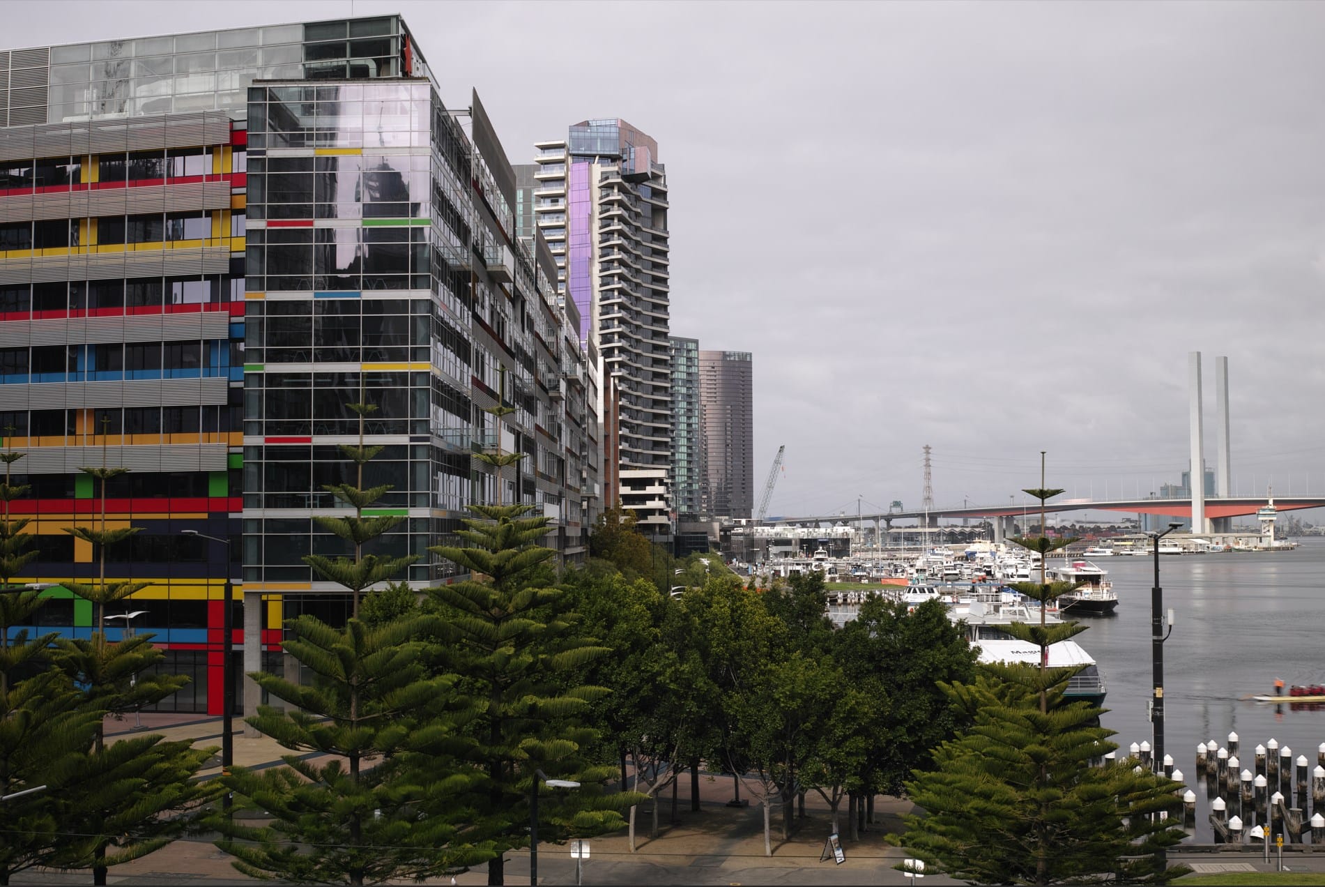 Overlook near Southern Cross Station. It is a wide shot of buildings, the Bolte bridge and the waterway.